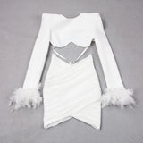 2023 New Summer Women'S Sky Blue White Sexy Two-Piece Skirt Feather Pleated Top Pencil Skirt Celebrity Party Bandage Set