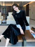 Bjlxn Woman Spring Summer New Elegant Velvet Patchwork Midi A-line Dresses Long Sleeve Lady Party Fashion One Piece Robe