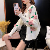 Bjlxn Sweater Female Spring and Autumn Knitwear Women Heavy Industry Rose Blossom Embroidery Contrast Sweater Coat Cardigan