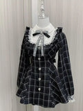 Bjlxn Harajuku Sweet Bow Black Plaid Dresses All-match Slim Fit Kawaii Lolita Dress for Women Autumn New Long Sleeve Vestidos De Mujer