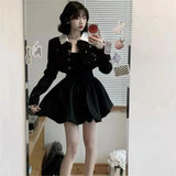 Bjlxn Elegant Black Mini Dresses for Women Square Collar Long Sleeve A-line Korean Fashion Y2K Autumn New One Piece Mini Vestidos