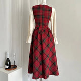 Bjlxn French Vintage Two-piece Dress Set Women Flare Sleeve Shirt Red Plaid Strap Dress A-line Autumn Winter New Christmas Party Dress