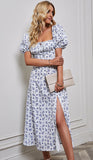 2024 Sweet Off Shoulder Ruffle Women Dress Summer Vintage Floral Printed Dressess French Square Collar Backless Elegant 20472