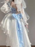 Bjlxn French Romantic Style Lolita Op Elegant Girl Cosplay Princess Puff Sleeve Ribbon Bowknot Flower Tunic Mesh Fantastic Fairy Dress