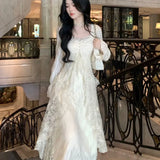 Bjlxn Autumn Winter New Elegant Midi Dresses for Women Lace Ruffles Flare Sleeve A-line Birthday Party Dress Korean Vestidos Mujer