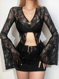 Bjlxn Mall Goth Lace T-shirt Women Aesthetic Sexy See Through V-neck Flare Sleeve Crop Tee Tops Emo Alternative Indie Clothes