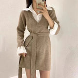 Bjlxn Korean Chic Mini Dresses Women Turn-down Collar Long Sleeve Shirt Patchwork Autumn Winter Knitted Dress Casual Fashion Vestidos