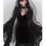 Bjlxn Gothic Black Midi Dresses Women V-neck Irregular Flrae Sleeve Y2k Vintage Lace Bandage Dark Style Harajuku Fashion Clothing New