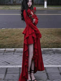 New Spring Red Vintage Elegant Long Sleeve Dresses Women Irregular Ruffles Retro Princess Evening Party Dress Prom Robe 2024