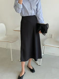 Bjlxn Summer Spring Women Elegant High Waist Satin Skirt Female Casual A-Line Midi Silk Fashion Skirt