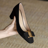 New Temperament Elegant Fashion High-heeled Shoes Women's Shoes Spring Bow Mid-heel Leather All-match Thick-heeled Shoes