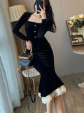 Vintage Bodycon Velvet Mermaid Party Dresses for Women Elegant Lace Patchwork Evening Prom Vestidos Female Autumn Spring Clothes