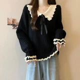 Bjlxn Sweet Ruffles Women Sweaters Contrast Color Peter Pan Collar Sweet Pullovers Autumn Winter Korean Style Pull Femme