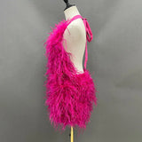 Bjlxn Lady Fashion Summer Feather Dress Sexy Backless Women's Dress Strap Medium Length Ostrich Feather S5659