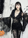 Bjlxn Vintage Dark Goth Lace T-shirt Women Sexy Aesthetice Coquette See Through Beaded V-neck Flare Sleeve Crop Tee Tops Femme