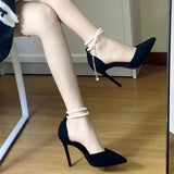 Bjlxn New T-strap Black Sandals Suede High Heels Women's Shoes One-line Buckle Fine Heel Pointed Sandals Zapatos De Mujer