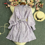 Bjlxn Luxury Spring Lantern Sleeve Women Sexy Mini Lace Dress Elegant Ladies Retro Purple Single Breasted Sashes Party Dresses Vestido