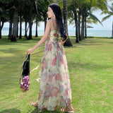 Bjlxn 2024 Summer Chiffon Beach Maxi Dress Women Fashion Print Floral Backless Bandage Slip Dress Elegant Evening Party Fairy Dresses