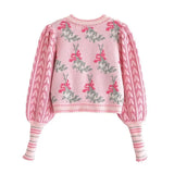 Bjlxn Pink Ruffles Casual Acrylic Knitted O-Neck Pullover Long Sleeve Women's Sweater Female Sweaters Tops Woman Clothing Fashion 2024