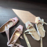 Bjlxn Elegant Flower Bow Ankle Strap Ballet Flats Square Toe Design Lolita Shoes Light Comfortable Cute Shoes Ballerina Ladies Casual