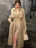 Bjlxn Autumn Winter Khaki Long Trench Coat for Women 2024 Jacket Elegant Outerwear Turn-down Collar Tie Belt Korean Chic Windbreaker