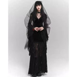 Bjlxn Gothic Black Midi Dresses Women V-neck Irregular Flrae Sleeve Y2k Vintage Lace Bandage Dark Style Harajuku Fashion Clothing New