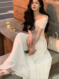 New Summer Slash Neck Long Dresses for Women Solid Casual A-line Evening Party Dress Korean Chic Prom Robe Elegant Vestidos 2024