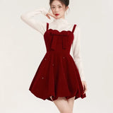 Bjlxn Christmas Two-piece Dress Set Women Solid Sweater A-line Velvet Sleeveless Short Dress Korean Fashion Female Autumn New Outfits