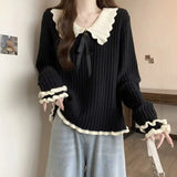 Bjlxn Sweet Ruffles Women Sweaters Contrast Color Peter Pan Collar Sweet Pullovers Autumn Winter Korean Style Pull Femme