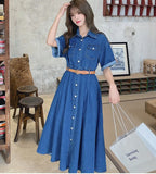 Bjlxn Casual Women Denim Dress Elegant Fashion Short Sleeve Turn-Down Collar Single Breasted High Waist Vintage Dress Female