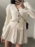 Bjlxn Casual Knitted 2 Piece Set Single Breasted V-neck Top + High Waist Mini Pleated Skirt Autumn Spring Korean Fashion Solid Outfits