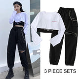 Fashion Jogger 3 Piece Sets Women New High Waist Cargo Pants with Chain Streetwear Casual Hip Hop Long Sleeve Crop Tops