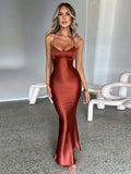 Bjlxn Satin Backless Maxi Dress For Women Autumn New Spaghetti Strap Sleeveless Bodycon Long Dress Vestido Clubwear