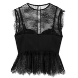 Bjlxn  Woman Black Patchwork Lace Blouse For Women Autumn Lady Sleeveless O-Neck Vest Crop Corset Tank Top Elegant Sexy Shirt