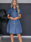 Bjlxn Summer Women Lapel Casual Denim Dress Sexy High Waist Single Breasted Button Short Sleeve Mini Dress