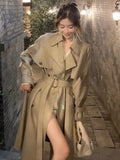 Bjlxn Autumn Winter Khaki Long Trench Coat for Women 2024 Jacket Elegant Outerwear Turn-down Collar Tie Belt Korean Chic Windbreaker