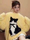 Bjlxn American Retro Cartoon Cat Bow Plush Sweater Sweater Women Y2K Korean Autumn and Winter Sweet and Spicy Jacquard Loose Pullover