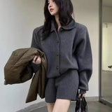 Bjlxn Autumn Winter New Two-piece Knitted Sets Single Breasted Sweater Top High Waist Shorts Korean Fashion Casual Outfits Solid Suit