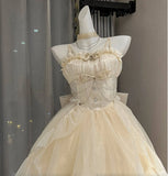 Bjlxn - Cream Colour Dress Bride Skirt Sparkling Bow Dress Cos Lolita Princess Dress Vintage White Glitter Skirt White Skirt For Lovers