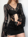 Bjlxn Mall Goth Lace T-shirt Women Aesthetic Sexy See Through V-neck Flare Sleeve Crop Tee Tops Emo Alternative Indie Clothes