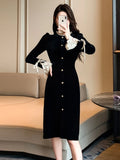 Bjlxn Woman Winter Spring New Elegant Velvet Patchwork Midi Slim Dresses Lady Party Prom Fashion One Piece Clothes