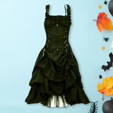 Bjlxn Gothic Style Dress Gothic Witch Halloween Costume Dress with Ruffle Hem Mesh Layers Women's Cosplay Performance Outfit