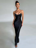 Bjlxn Satin Backless Maxi Dress For Women Autumn New Spaghetti Strap Sleeveless Bodycon Long Dress Vestido Clubwear