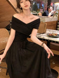 New Summer Slash Neck Long Dresses for Women Solid Casual A-line Evening Party Dress Korean Chic Prom Robe Elegant Vestidos 2024