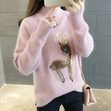 Cute Women Sweater Korean Reindeer Ugly Christmas Sweater Winter Warm Sweaters Fluffy Cashmere Jumper Turtleneck Pullover