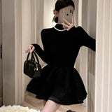 Bjlxn Elegant Knitted Short Dresses for Women  Half High Collar Long Sleeve Ruffles A-line Korean Fashion Autumn New Y2K Solid Vestido