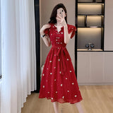 Bjlxn New Fashion Elegant Women V Neck Dress New French Summer Red Short Sleeve Lace Up Slim Waist Office Ladies A Line Vestidos