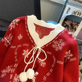 Bjlxn Christmas Snowflake Sweater Women Jumper Bow V Neck Long Sleeve Knitted Sweater Winter Pullover Tops Korean Fashion Sweater New