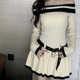 Bjlxn Y2K Slim Casual Knitted Mini Dresses Women Off Shoulder Elegant Korean Fashion Short Party Dress with Belt Autumn New Clothing