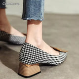 Bjlxn Square Heels Women's Summer Footwear Office Black Medium Heel Casual Pumps Slip-on Luxury Shoes for Woman 34